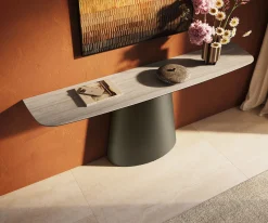 KonsolentischEdge Boot 180x40 cm Keramik Laminam® Travertino Bianco Creme-Weiß Conos Metall Effektfinish Titan Sofort versandfertig