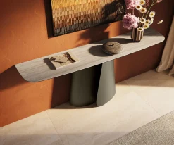 KonsolentischEdge Boot 180x40 cm Keramik Laminam® Travertino Bianco Creme-Weiß Livos Metall Effektfinish Titan Sofort versandfertig