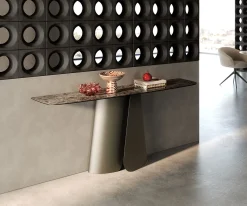 KonsolentischEdge Boot 180x40 cm Keramik Emperador Extra Lucidato Dunkelbraun Livos Metall Effektfinish Titan Sofort versandfertig