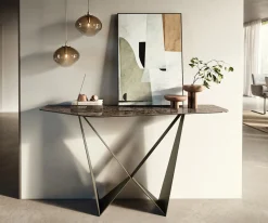 KonsolentischEdge Polygonal 140x50 cm Keramik Emperador Extra Lucidato Dunkelbraun Spios Metall Effektfinish Titan Sofort versandfertig