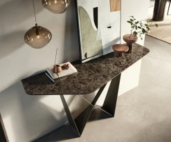 KonsolentischEdge Polygonal 140x50 cm Keramik Emperador Extra Lucidato Dunkelbraun Spios Metall Effektfinish Titan Sofort versandfertig