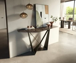 KonsolentischEdge Polygonal 140x50 cm Keramik Emperador Extra Lucidato Dunkelbraun Spios Metall Effektfinish Titan Sofort versandfertig