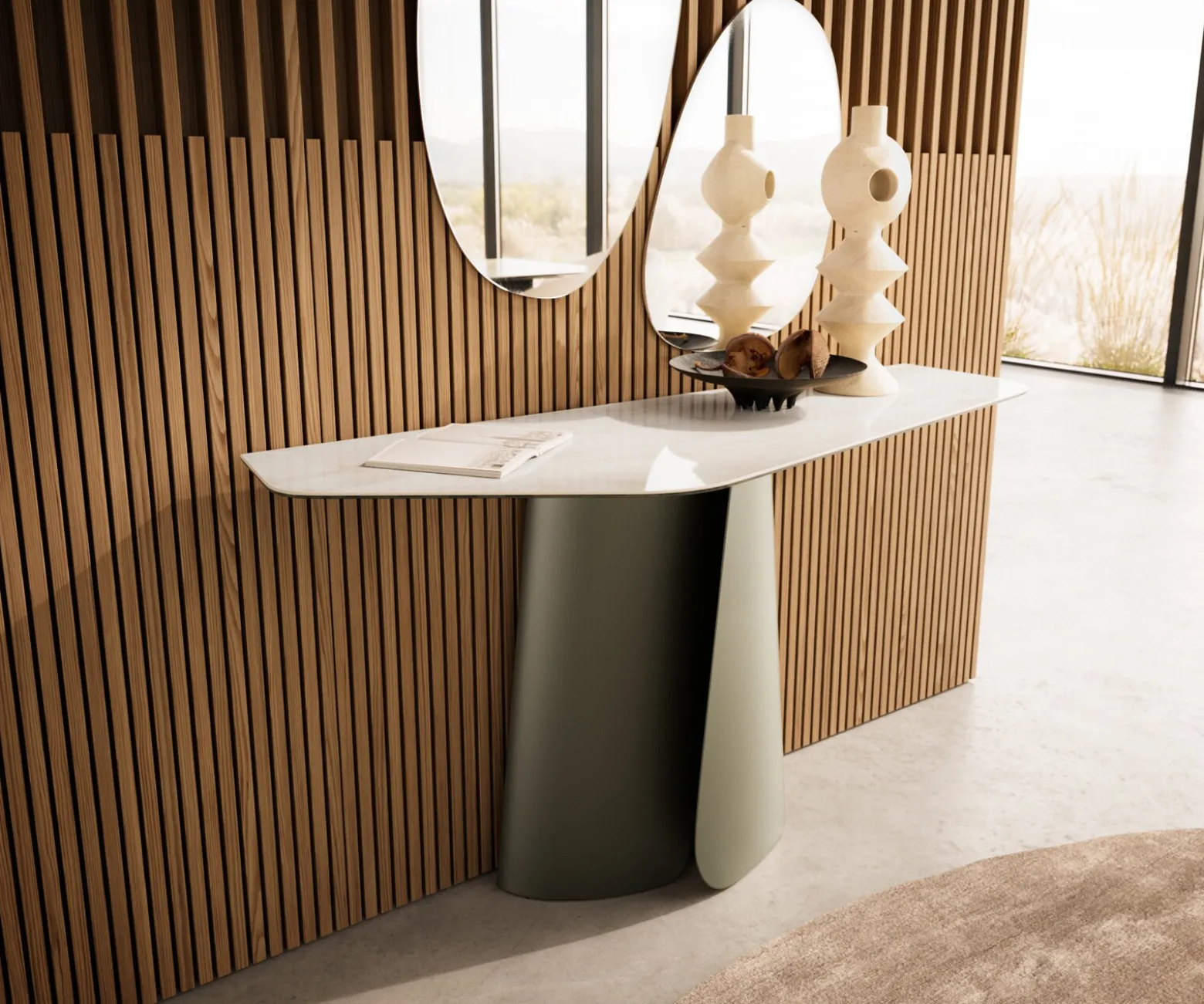 KonsolentischEdge Polygonal 140x50 cm Keramik Onyx Champagne Livos Metall Effektfinish Titan Versandfertig ca. 02.10.26