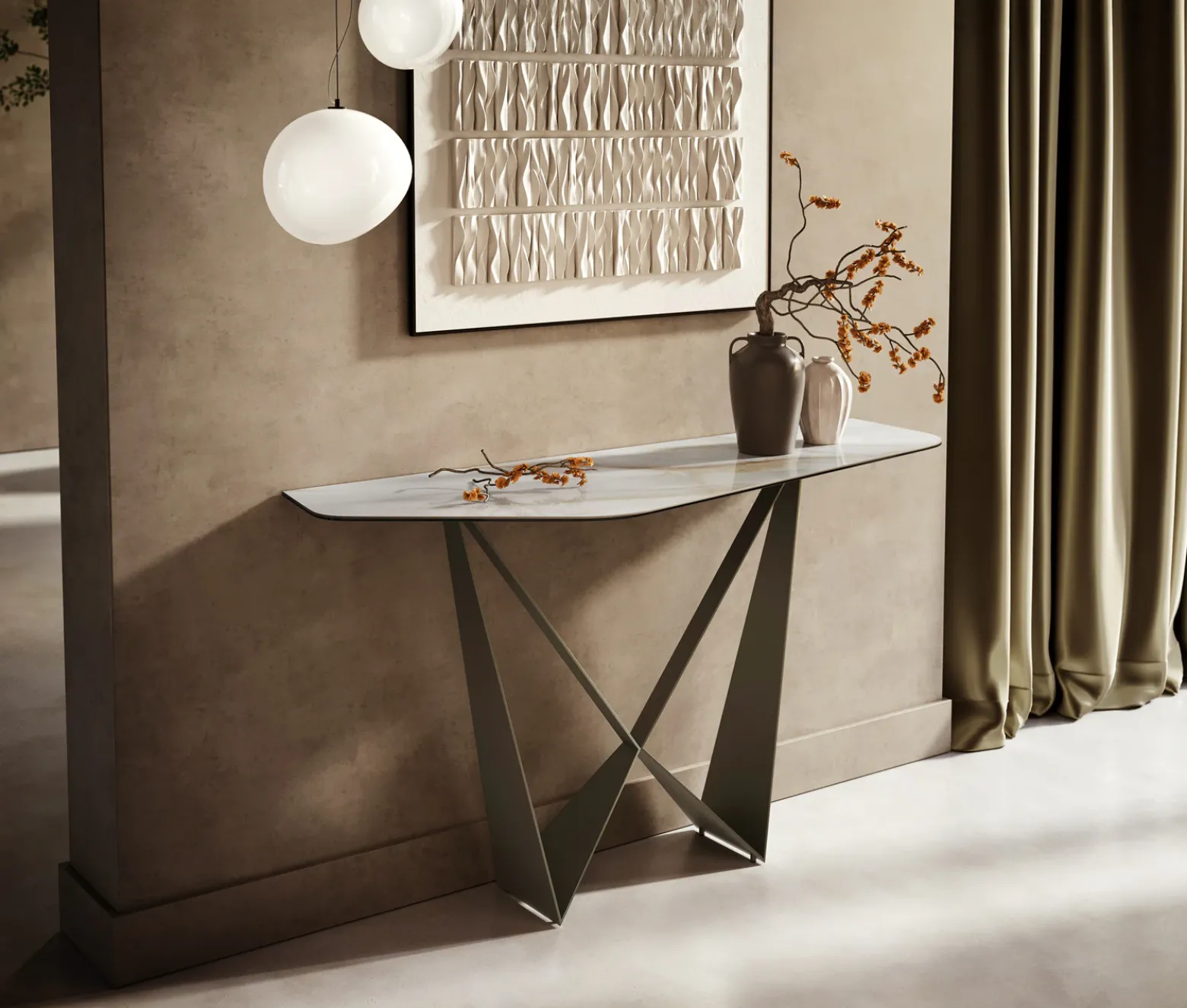 KonsolentischEdge Polygonal 140x50 cm Keramik Onyx Pearl Spios Metall Effektfinish Titan Sofort versandfertig
