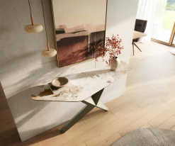 KonsolentischEdge Polygonal 140x50 cm Keramik Minas Melange Weiß-Beige Zentharo Metall Effektfinish Titan Sofort versandfertig