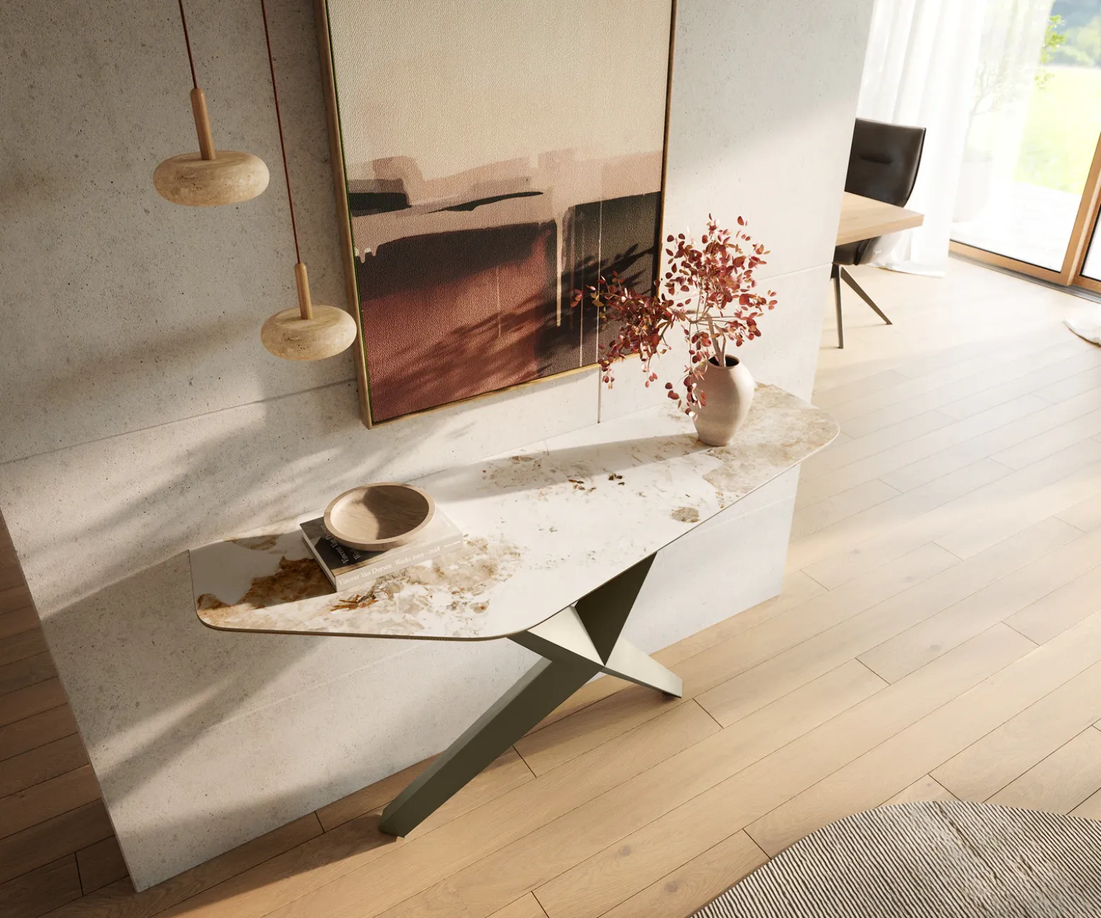 KonsolentischEdge Polygonal 140x50 cm Keramik Minas Melange Weiß-Beige Zentharo Metall Effektfinish Titan Sofort versandfertig