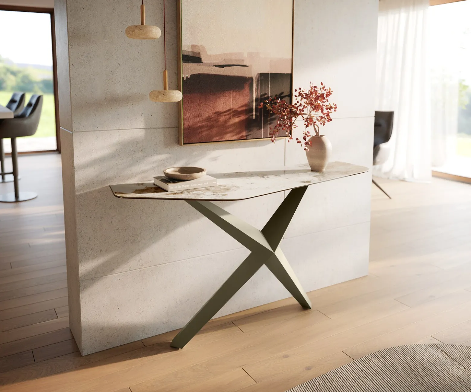 KonsolentischEdge Polygonal 140x50 cm Keramik Minas Melange Weiß-Beige Zentharo Metall Effektfinish Titan Sofort versandfertig