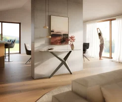 KonsolentischEdge Polygonal 140x50 cm Keramik Minas Melange Weiß-Beige Zentharo Metall Effektfinish Titan Sofort versandfertig