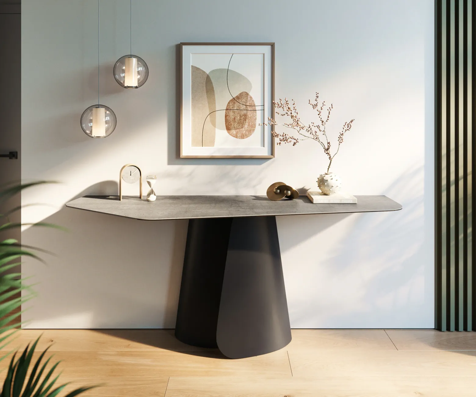 KonsolentischEdge Polygonal 180x50 cm Keramik Beton Grau Livos Metall Schwarz Sofort versandfertig