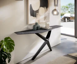 KonsolentischEdge Polygonal 180x50 cm Keramik Laminam® Nero Greco Anthrazit Zentharo Metall Schwarz Sofort versandfertig