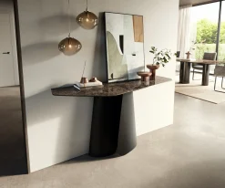 KonsolentischEdge Polygonal 140x50 cm Keramik Emperador Extra Lucidato Dunkelbraun Livos Metall Schwarz Sofort versandfertig