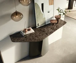 KonsolentischEdge Polygonal 140x50 cm Keramik Emperador Extra Lucidato Dunkelbraun Livos Metall Effektfinish Titan Sofort versandfertig