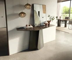 KonsolentischEdge Polygonal 140x50 cm Keramik Emperador Extra Lucidato Dunkelbraun Livos Metall Effektfinish Titan Sofort versandfertig
