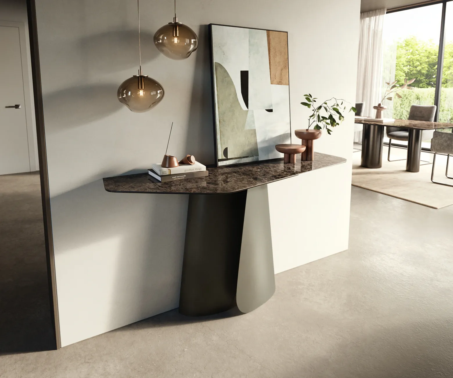 KonsolentischEdge Polygonal 140x50 cm Keramik Emperador Extra Lucidato Dunkelbraun Livos Metall Effektfinish Titan Sofort versandfertig