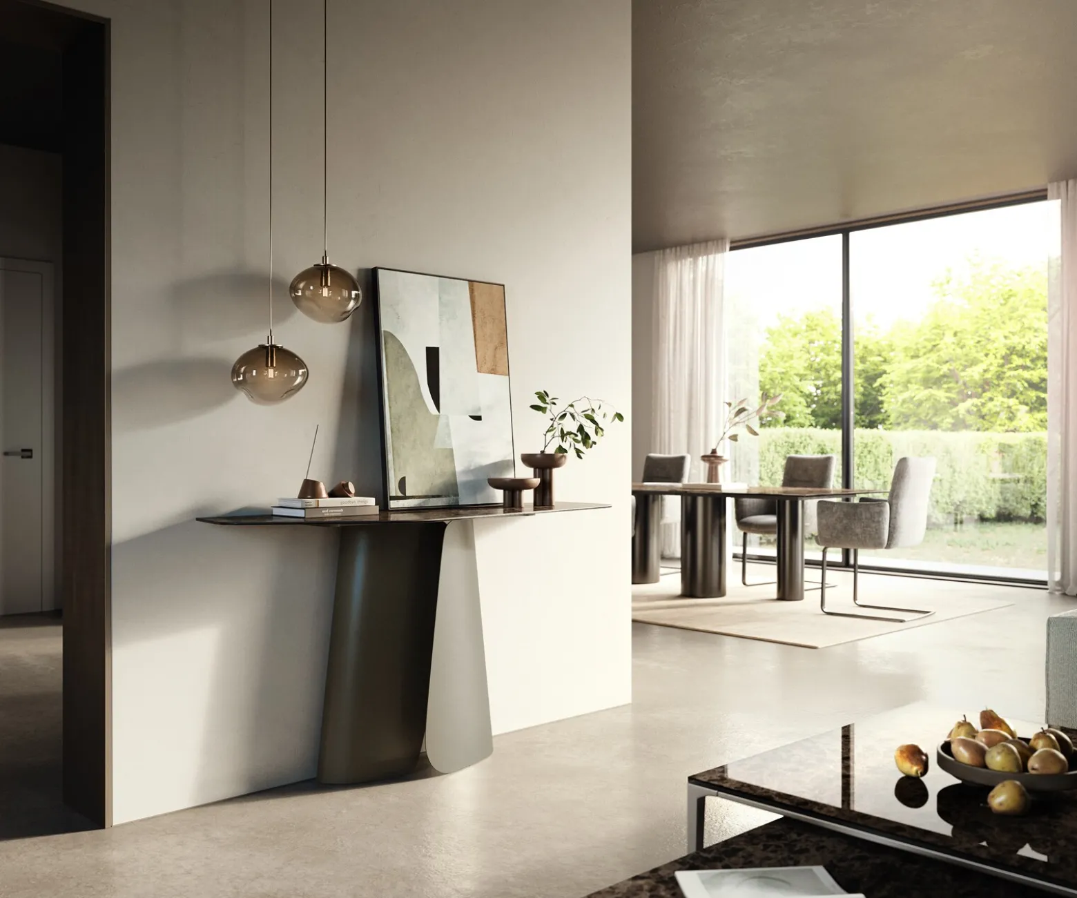 KonsolentischEdge Polygonal 140x50 cm Keramik Emperador Extra Lucidato Dunkelbraun Livos Metall Effektfinish Titan Sofort versandfertig