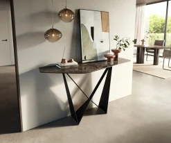 KonsolentischEdge Polygonal 140x50 cm Keramik Emperador Extra Lucidato Dunkelbraun Spios Metall Schwarz Sofort versandfertig