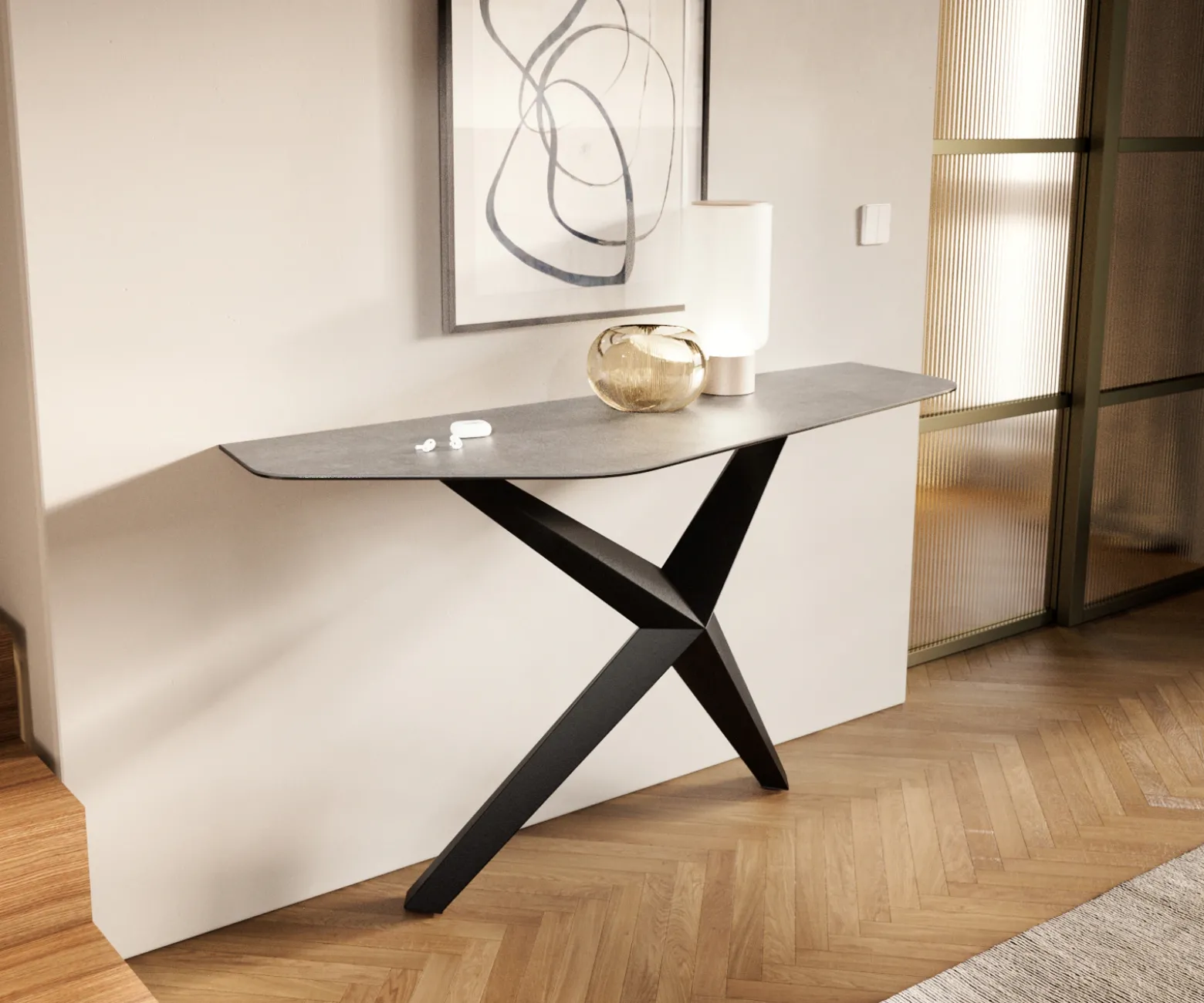 KonsolentischEdge Polygonal 140x50 cm Keramik Beton Grau Zentharo Metall Schwarz Sofort versandfertig
