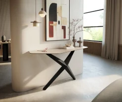 KonsolentischEdge Polygonal 140x50 cm Keramik Laminam® Travertino Bianco Creme-Weiß Zentharo Metall Schwarz Sofort versandfertig