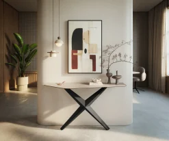 KonsolentischEdge Polygonal 140x50 cm Keramik Laminam® Travertino Bianco Creme-Weiß Zentharo Metall Schwarz Sofort versandfertig