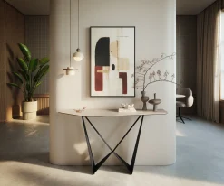 KonsolentischEdge Polygonal 140x50 cm Keramik Laminam® Travertino Bianco Creme-Weiß Spios Metall Schwarz Sofort versandfertig