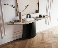 KonsolentischEdge Polygonal 180x50 cm Keramik Patagonia Poliert Livos Metall Schwarz Sofort versandfertig