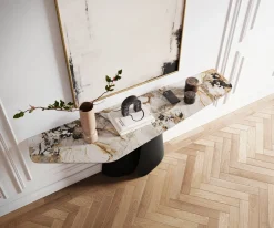 KonsolentischEdge Polygonal 180x50 cm Keramik Patagonia Poliert Livos Metall Schwarz Sofort versandfertig