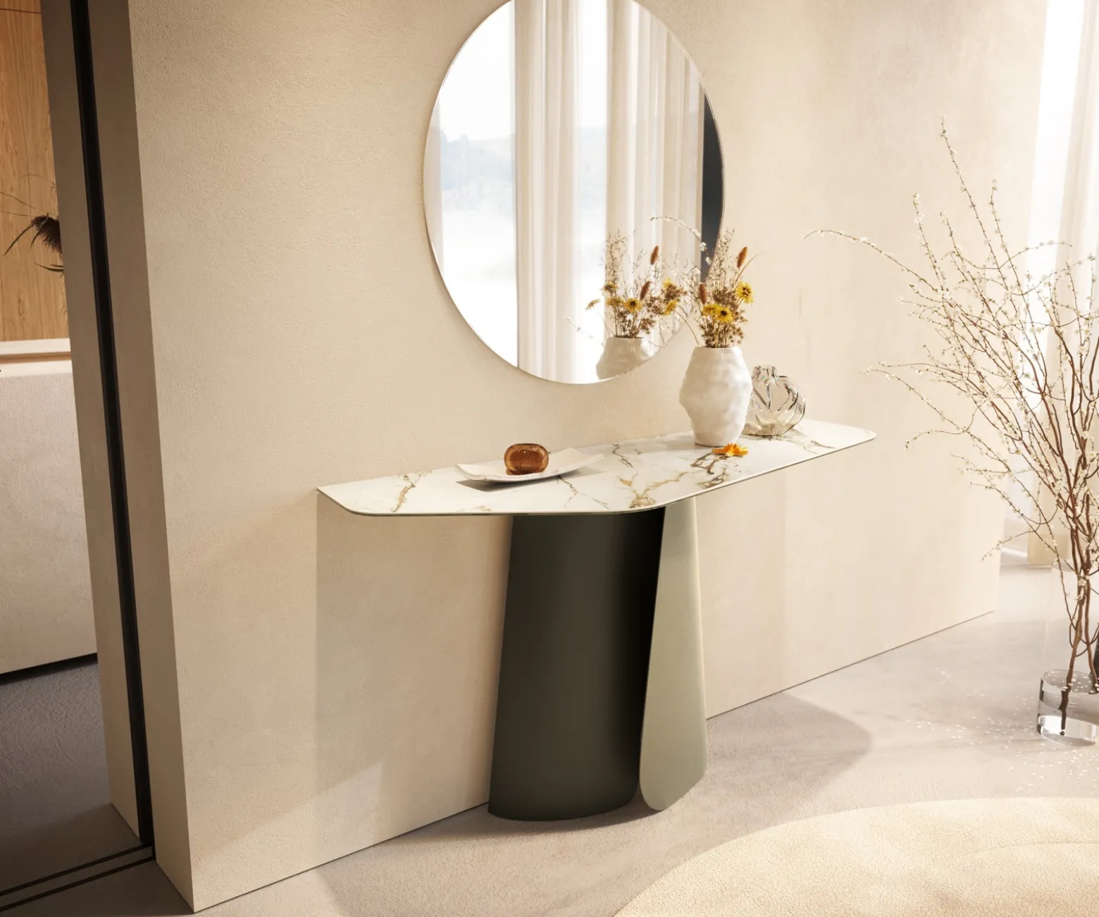 KonsolentischEdge Polygonal 140x50 cm Keramik Calacatta Luxe Weiß-Gold-Grau Livos Metall Effektfinish Titan Sofort versandfertig