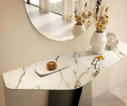 KonsolentischEdge Polygonal 140x50 cm Keramik Calacatta Luxe Weiß-Gold-Grau Livos Metall Effektfinish Titan Sofort versandfertig