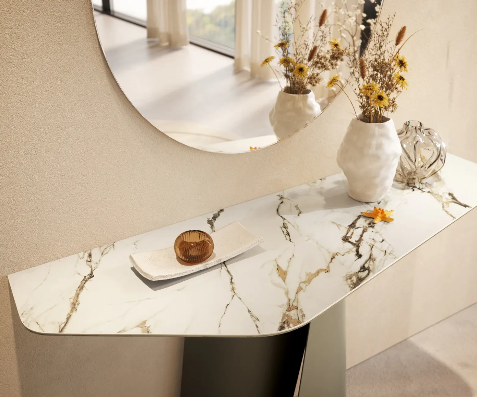 KonsolentischEdge Polygonal 140x50 cm Keramik Calacatta Luxe Weiß-Gold-Grau Livos Metall Effektfinish Titan Sofort versandfertig