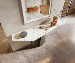 KonsolentischEdge Polygonal 180x50 cm Keramik Calacatta Luxe Weiß-Gold-Grau Livos Metall Effektfinish Titan Sofort versandfertig