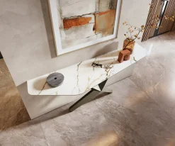 KonsolentischEdge Polygonal 180x50 cm Keramik Calacatta Luxe Weiß-Gold-Grau Zentharo Metall Effektfinish Titan Sofort versandfertig