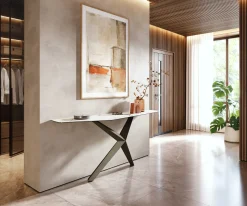 KonsolentischEdge Polygonal 180x50 cm Keramik Calacatta Luxe Weiß-Gold-Grau Zentharo Metall Effektfinish Titan Sofort versandfertig