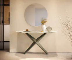 KonsolentischEdge Polygonal 140x50 cm Keramik Calacatta Luxe Weiß-Gold-Grau Zentharo Metall Effektfinish Titan Sofort versandfertig