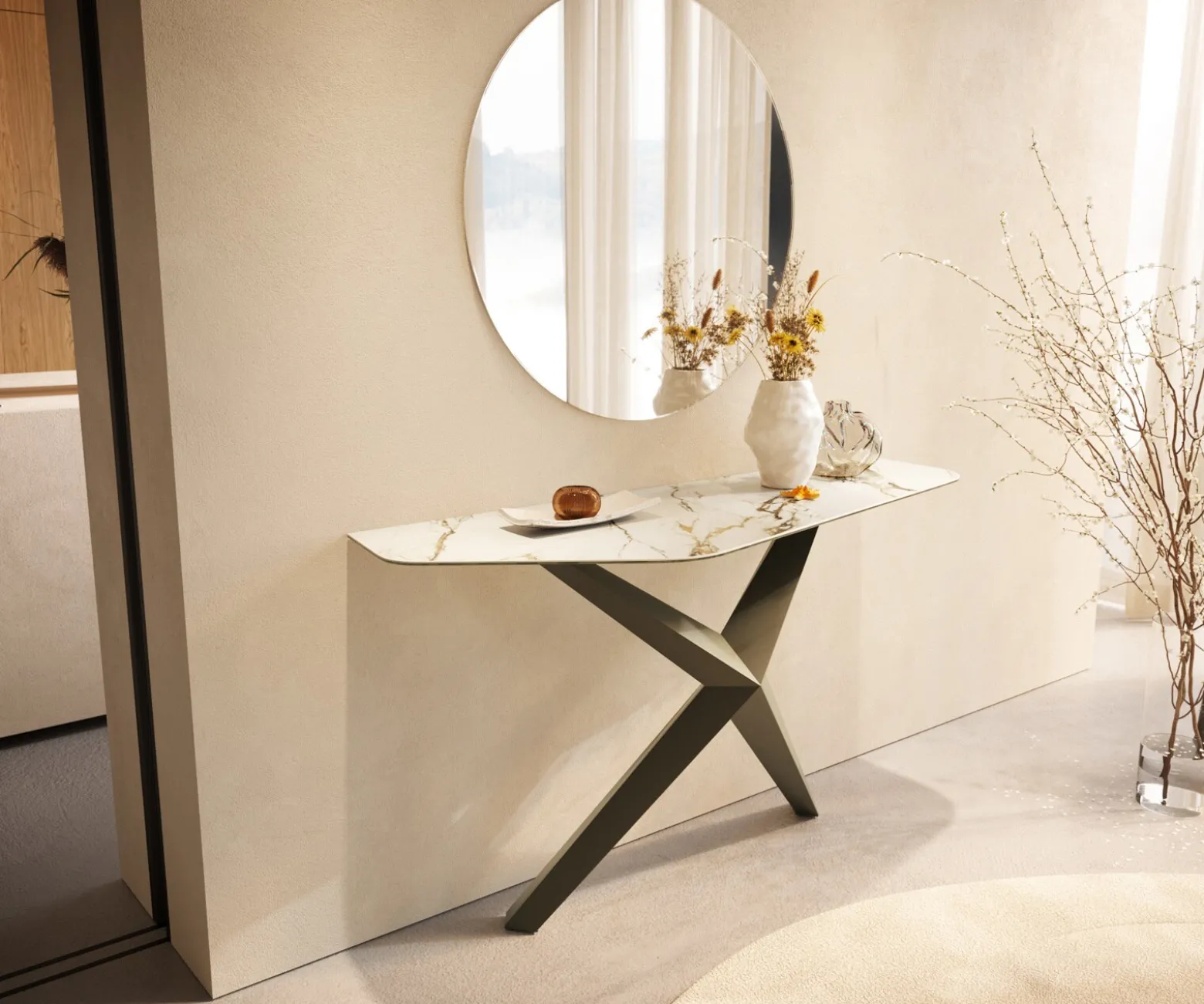 KonsolentischEdge Polygonal 140x50 cm Keramik Calacatta Luxe Weiß-Gold-Grau Zentharo Metall Effektfinish Titan Sofort versandfertig