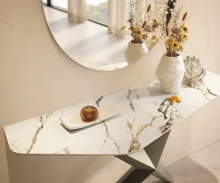 KonsolentischEdge Polygonal 140x50 cm Keramik Calacatta Luxe Weiß-Gold-Grau Zentharo Metall Effektfinish Titan Sofort versandfertig