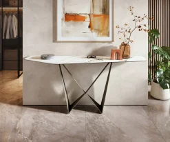 KonsolentischEdge Polygonal 180x50 cm Keramik Calacatta Luxe Weiß-Gold-Grau Spios Metall Effektfinish Titan Sofort versandfertig