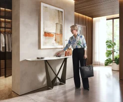 KonsolentischEdge Polygonal 180x50 cm Keramik Calacatta Luxe Weiß-Gold-Grau Spios Metall Effektfinish Titan Sofort versandfertig