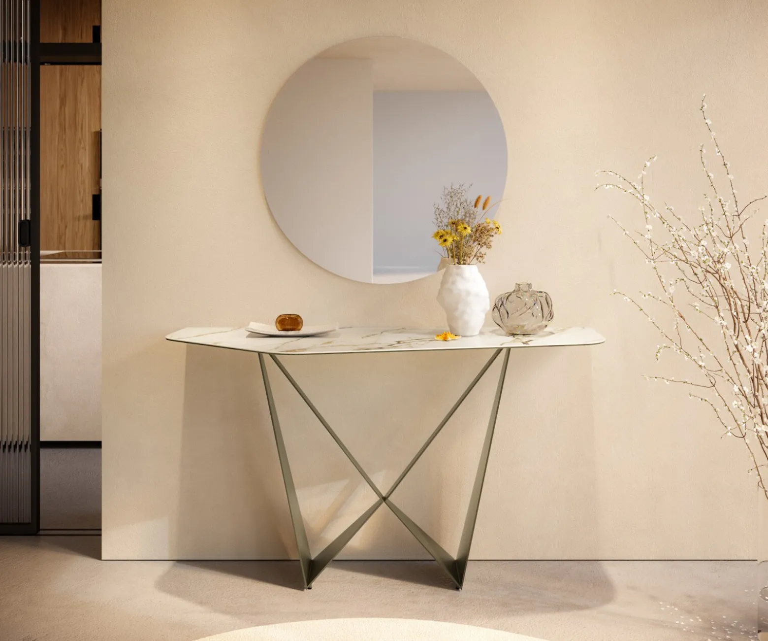 KonsolentischEdge Polygonal 140x50 cm Keramik Calacatta Luxe Weiß-Gold-Grau Spios Metall Effektfinish Titan Sofort versandfertig