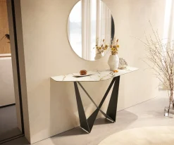 KonsolentischEdge Polygonal 140x50 cm Keramik Calacatta Luxe Weiß-Gold-Grau Spios Metall Effektfinish Titan Sofort versandfertig