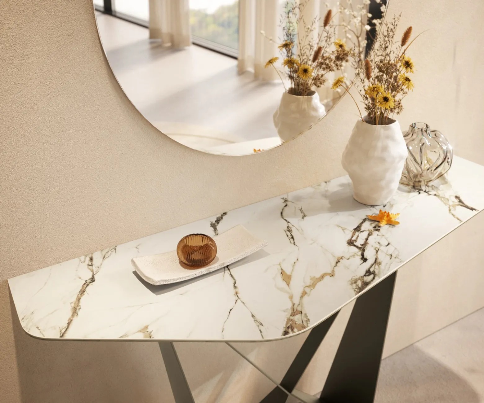 KonsolentischEdge Polygonal 140x50 cm Keramik Calacatta Luxe Weiß-Gold-Grau Spios Metall Effektfinish Titan Sofort versandfertig