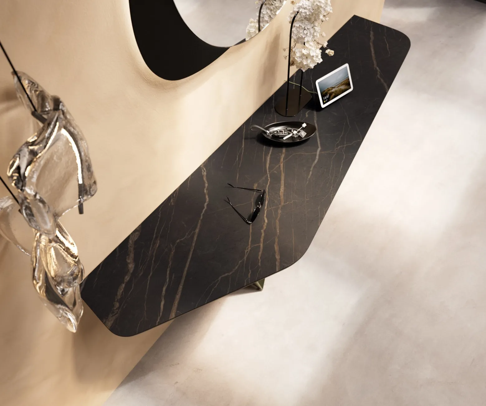 KonsolentischEdge Polygonal 180x50 cm Keramik Laminam® Noir Desir Braun Spios Metall Effektfinish Titan Sofort versandfertig
