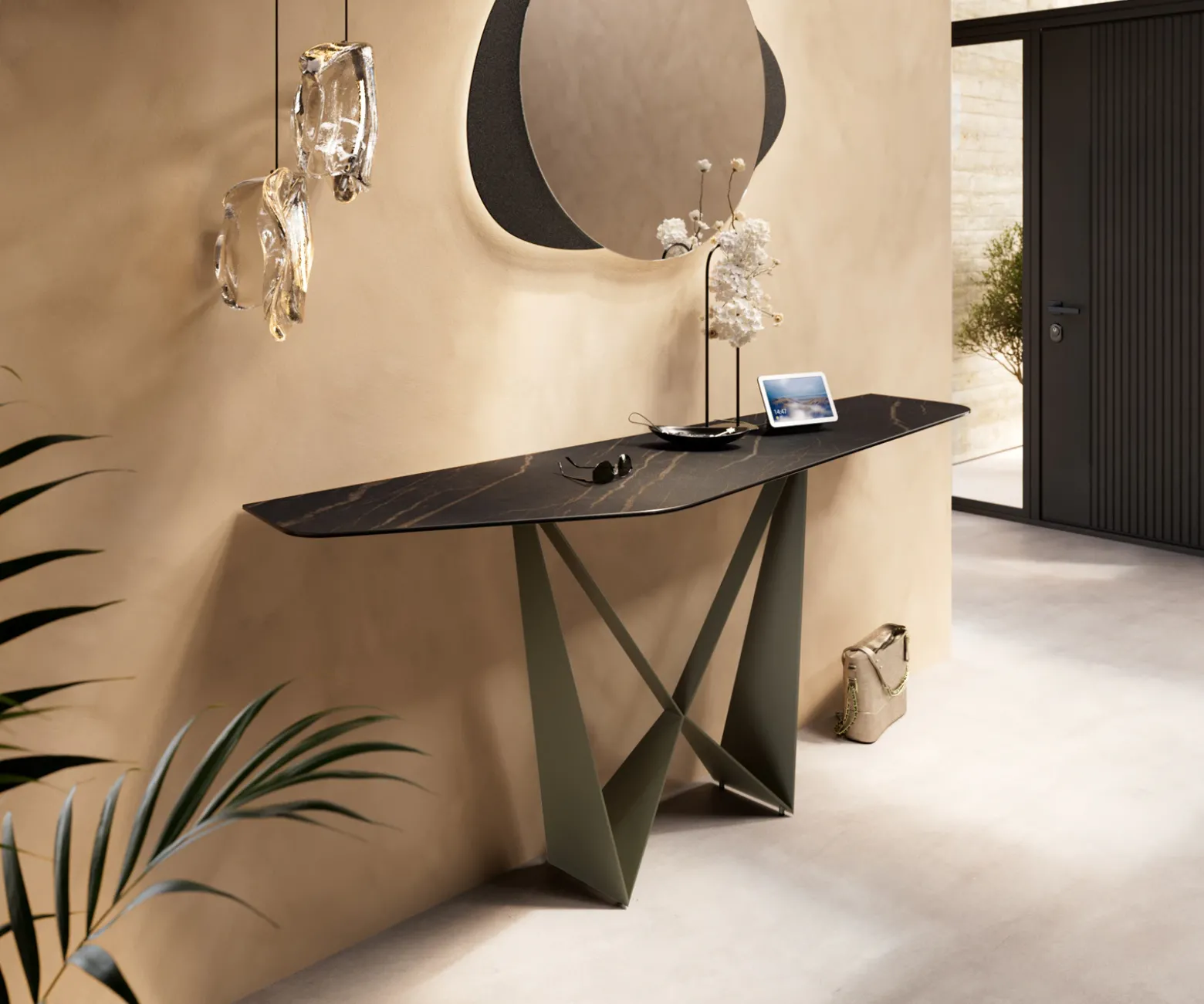 KonsolentischEdge Polygonal 180x50 cm Keramik Laminam® Noir Desir Braun Spios Metall Effektfinish Titan Sofort versandfertig