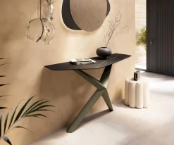 KonsolentischEdge Polygonal 140x50 cm Keramik Laminam® Noir Desir Braun Zentharo Metall Effektfinish Titan Sofort versandfertig