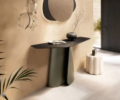 KonsolentischEdge Polygonal 140x50 cm Keramik Laminam® Noir Desir Braun Livos Metall Effektfinish Titan Sofort versandfertig