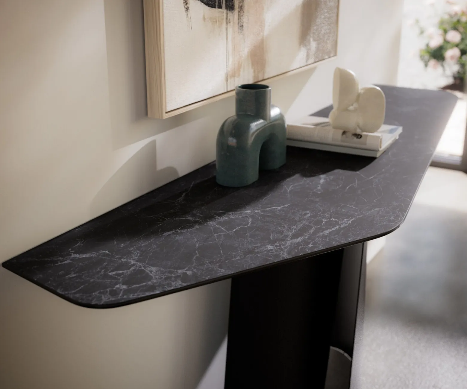 KonsolentischEdge Polygonal 180x50 cm Keramik Laminam® Nero Greco Anthrazit Livos Metall Schwarz Sofort versandfertig