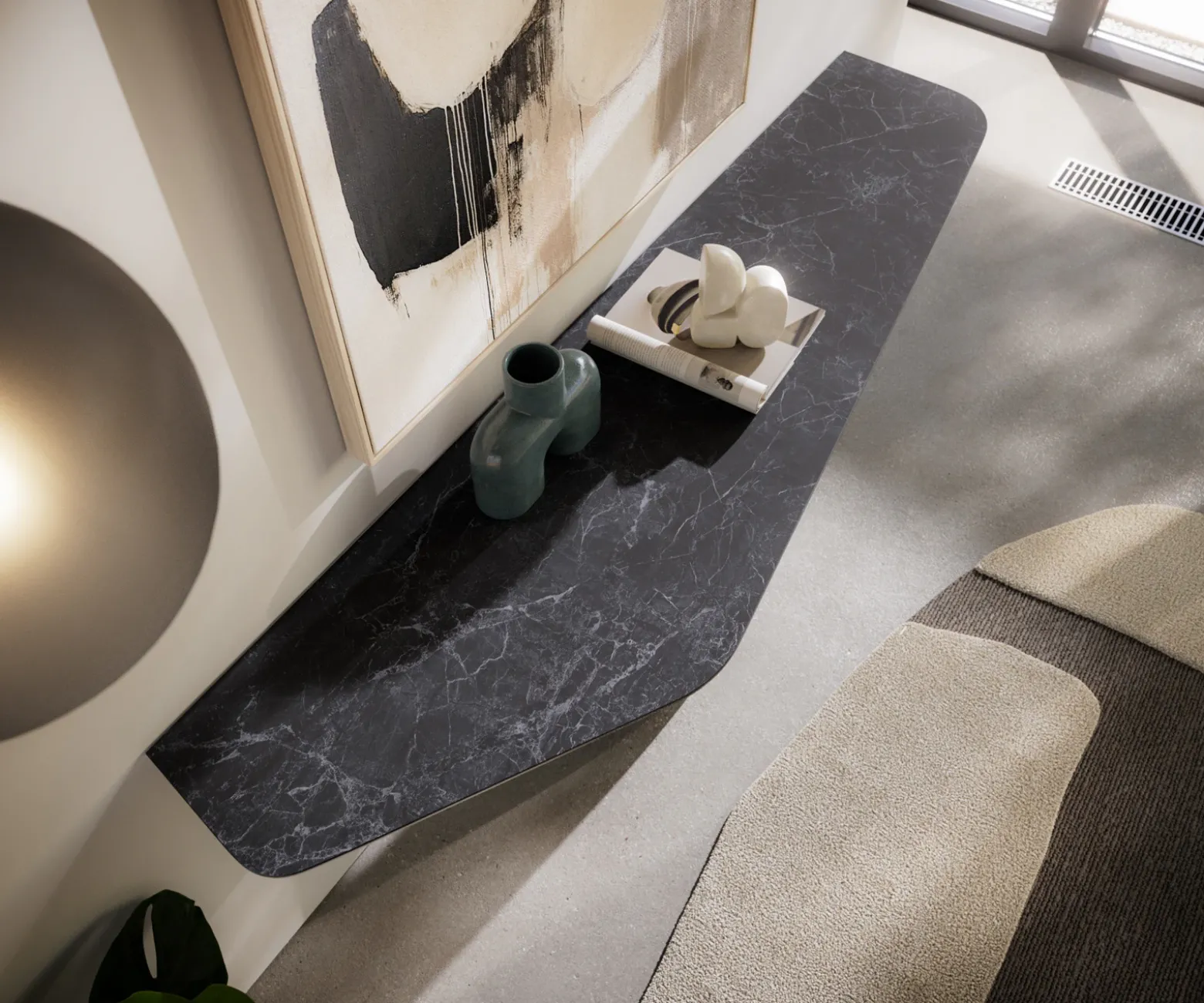 KonsolentischEdge Polygonal 180x50 cm Keramik Laminam® Nero Greco Anthrazit Livos Metall Schwarz Sofort versandfertig
