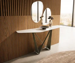KonsolentischEdge Polygonal 180x50 cm Keramik Onyx Champagne Spios Metall Effektfinish Titan Versandfertig ca. 25.09.26