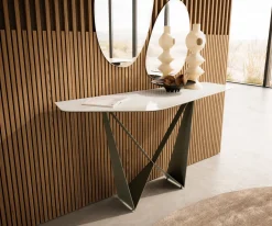 KonsolentischEdge Polygonal 140x50 cm Keramik Onyx Champagne Spios Metall Effektfinish Titan Versandfertig ca. 02.10.26