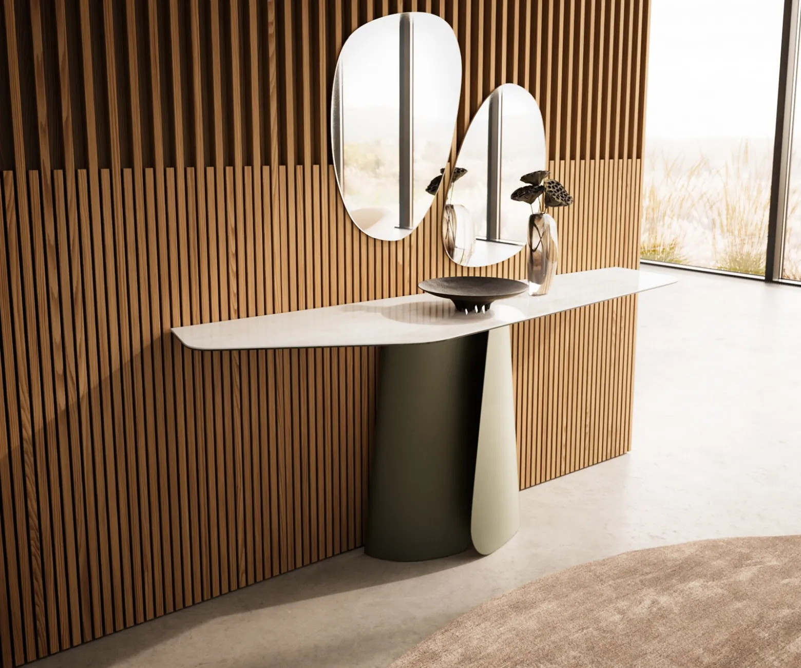 KonsolentischEdge Polygonal 180x50 cm Keramik Onyx Champagne Livos Metall Effektfinish Titan Versandfertig ca. 25.09.26