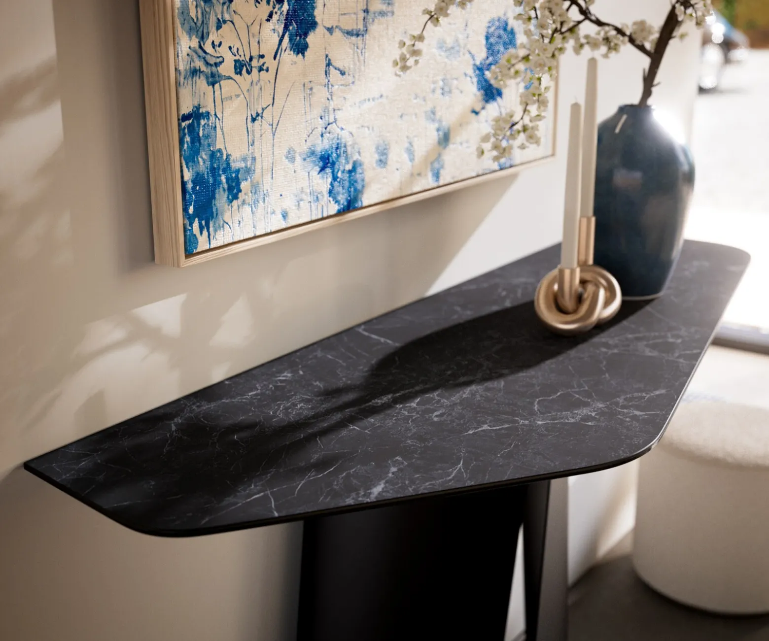 KonsolentischEdge Polygonal 140x50 cm Keramik Laminam® Nero Greco Anthrazit Livos Metall Schwarz Sofort versandfertig